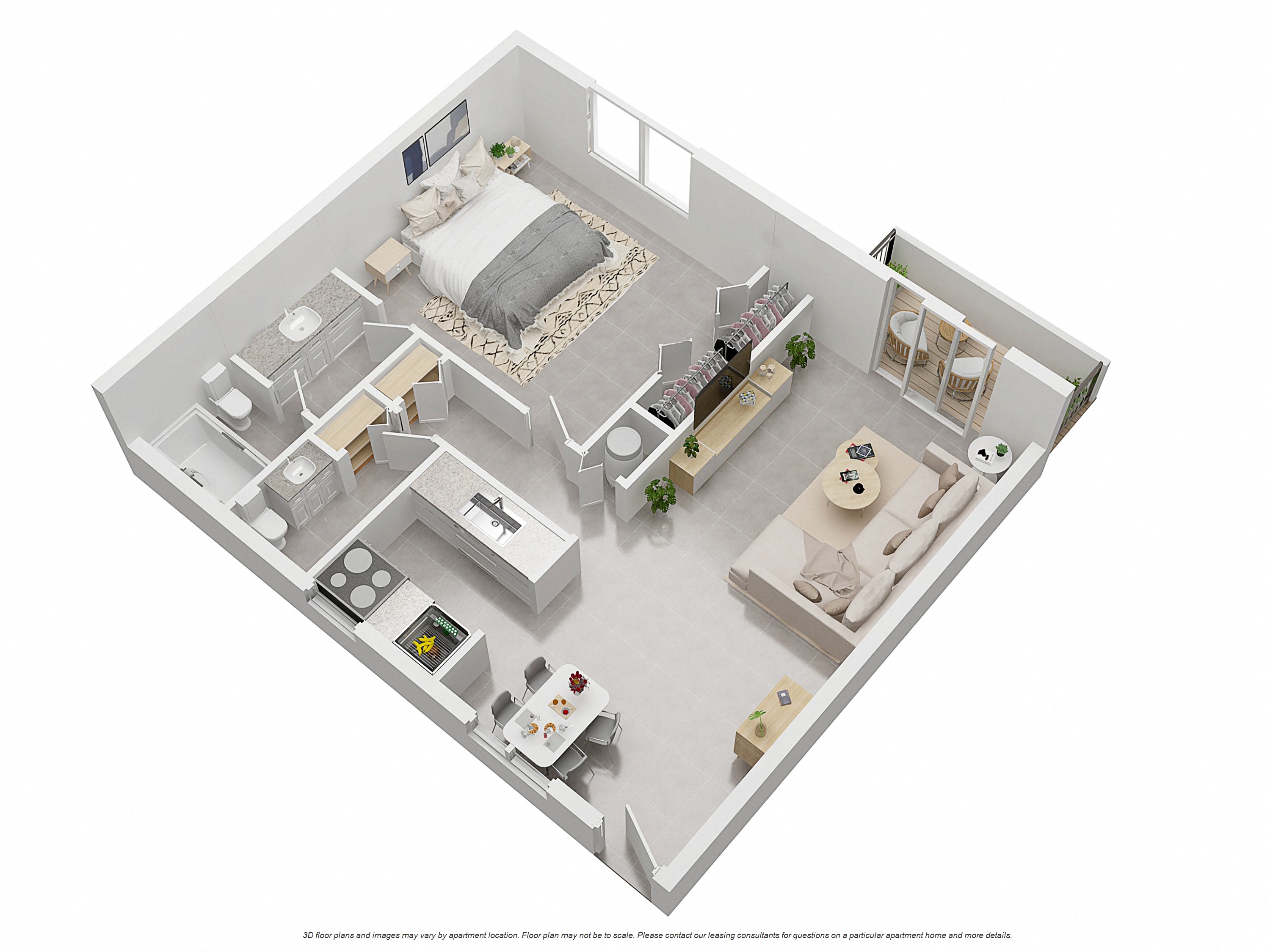 Floor plan for 1 bed, 1.5 baths, 755 sqft
